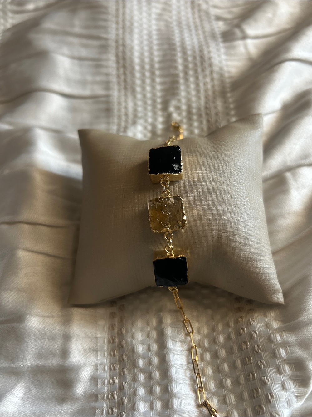 Gold-Tone Bracelet with Black Obsidian and Citrine Yellow Stone Accents